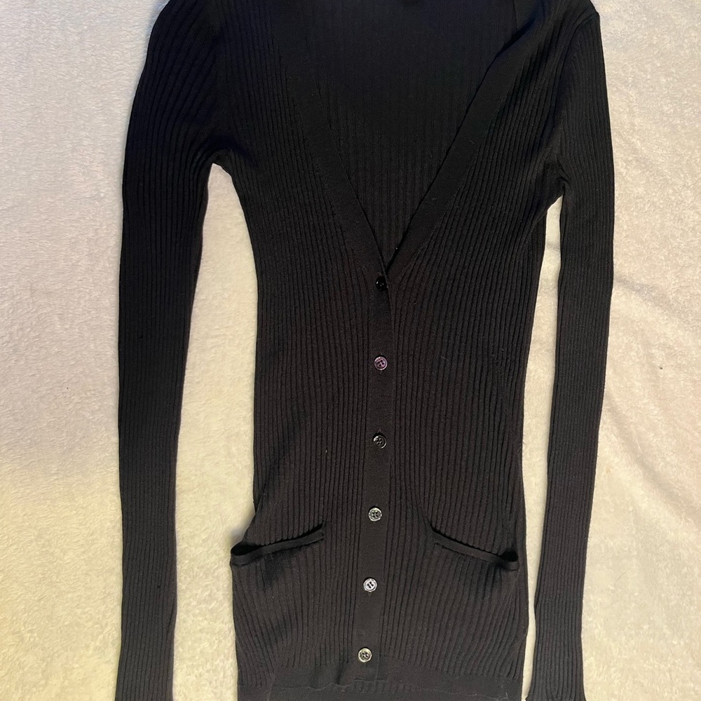 Theory Black Ribbed Cardigan Sweater 70% Wool 30% Silk Petite Small